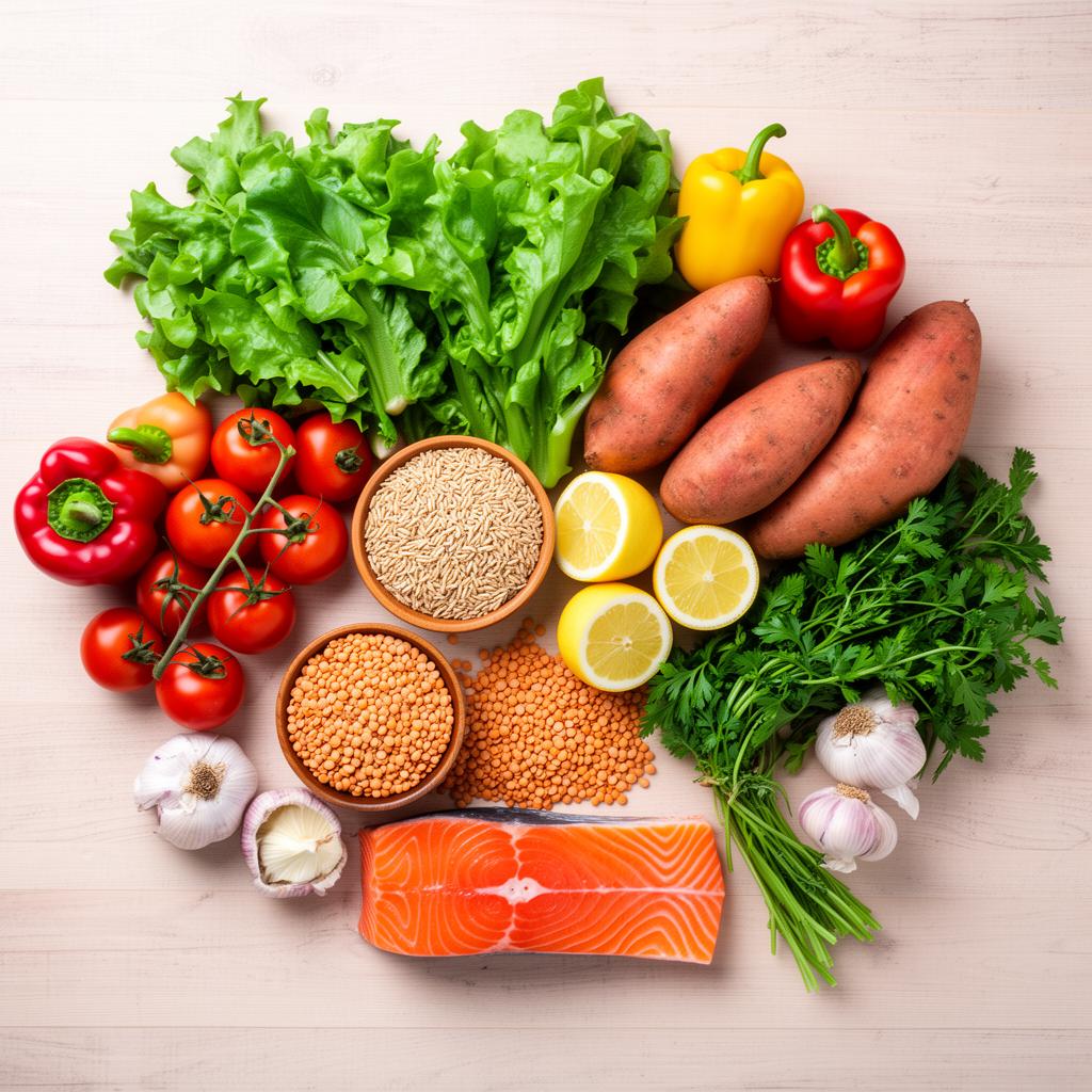 Fresh ingredients used in Anchor's meal program — leafy greens, peppers, tomatoes, sweet potatoes, lentils, salmon, and herbs