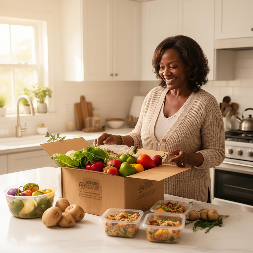 A member smiles while unpacking a fresh meal and grocery delivery in her sunlit kitchen