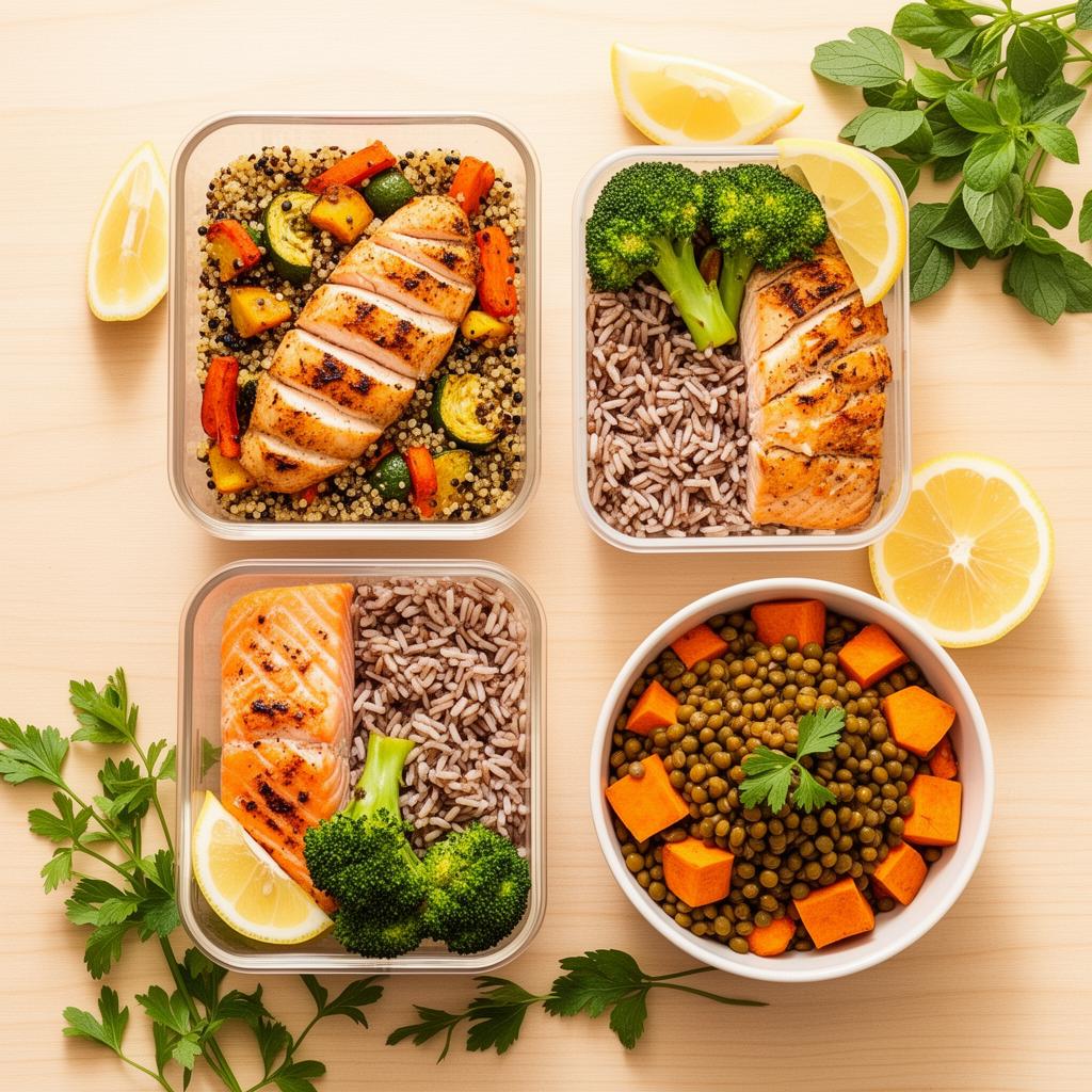 Three colorful medically tailored meals — grilled chicken with quinoa, salmon with brown rice and broccoli, and a lentil sweet-potato bowl